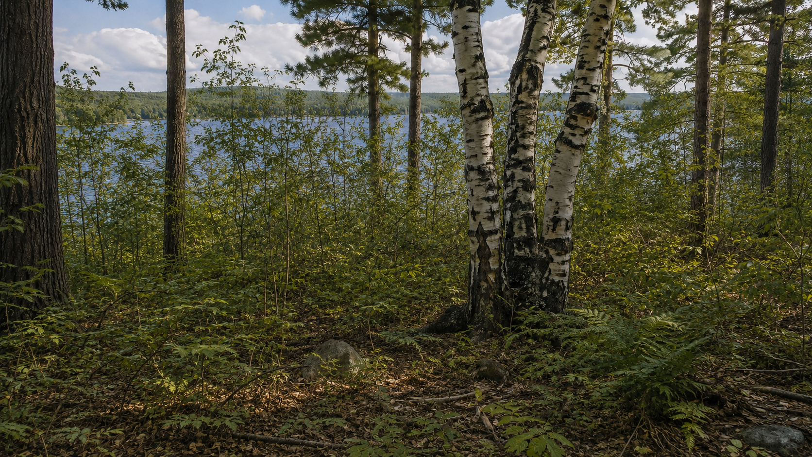 Lakefront View Restoration in Sebago, ME — overgrown property before clearing