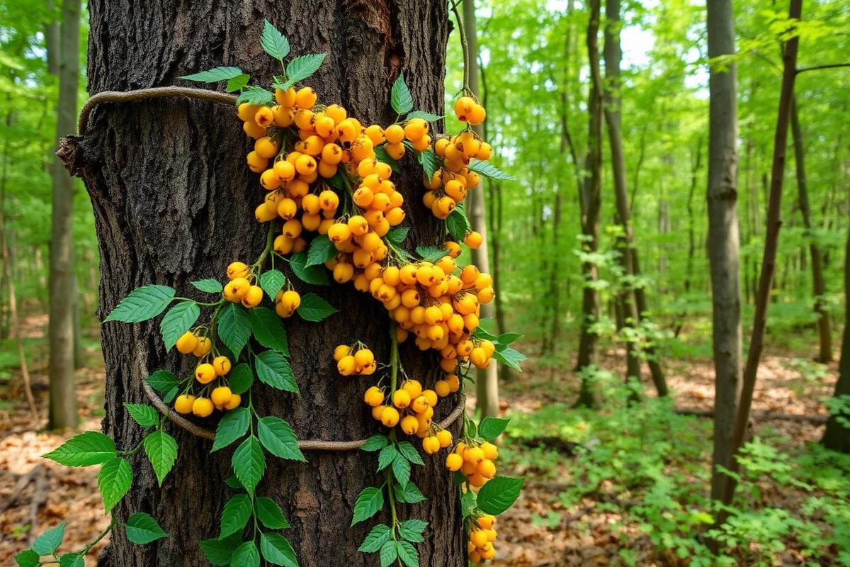 Asiatic bittersweet vine wrapping around and strangling a mature tree trunk with bright red berries in Southern Maine forest