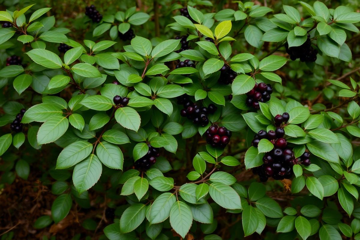 Glossy buckthorn shrub with dark green glossy leaves and clusters of dark purple-black berries growing near wetland in Southern Maine