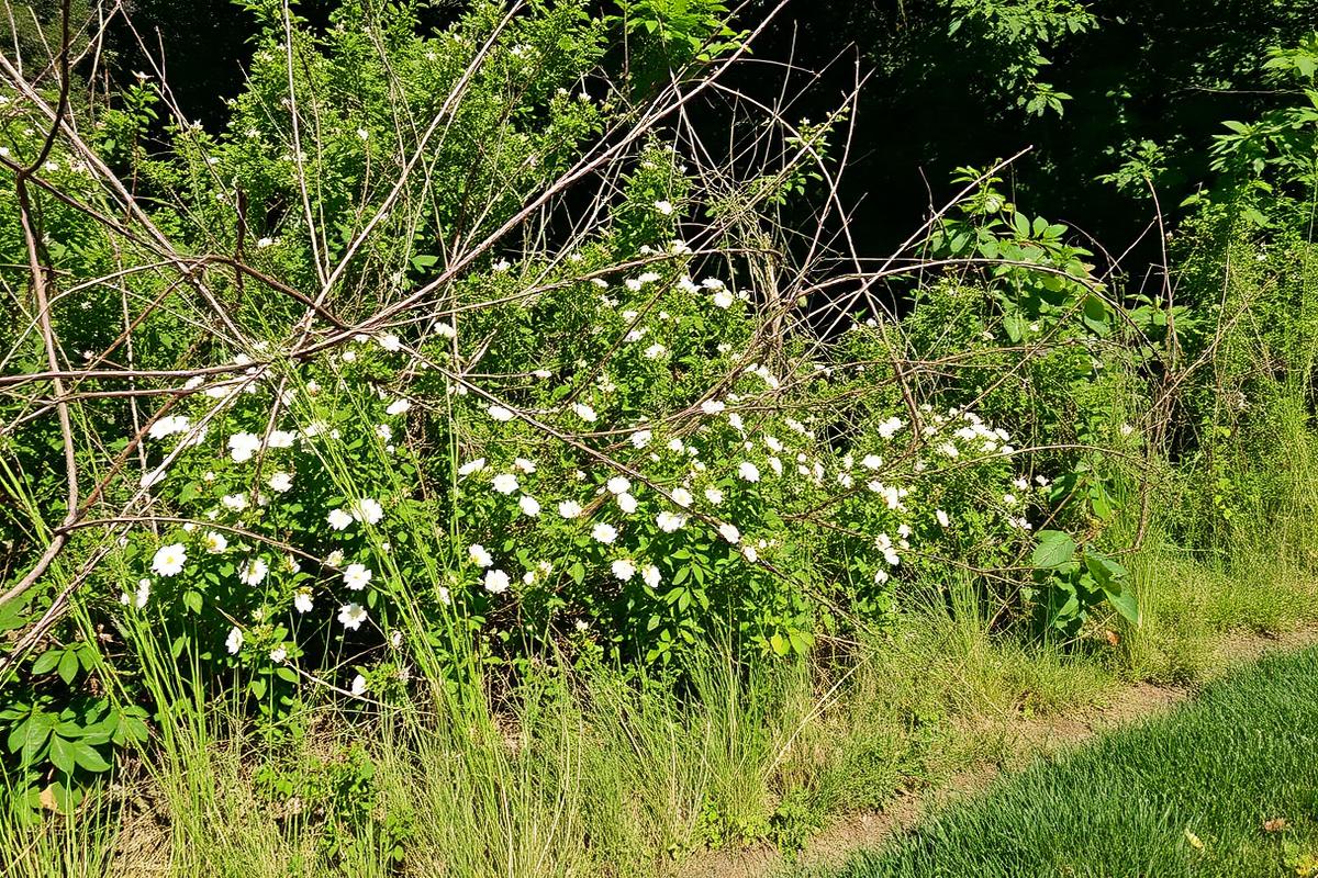 Multiflora rose forming dense thorny thicket with clusters of small white flowers at field edge in Southern Maine